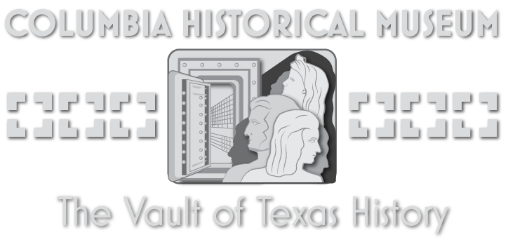 Columbia Historical Museum logo heads of people gathered together outside an antique bank valt with an open door.