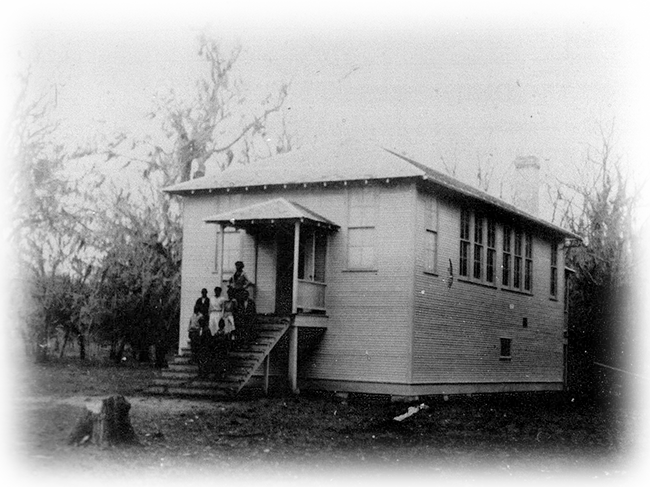 An old greyscale image of the Rosenwald School with students on the front steps.